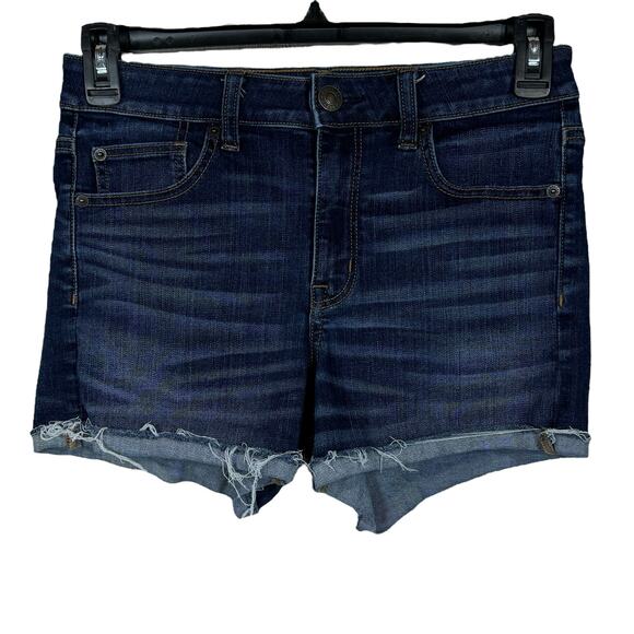 American Eagle SZ 8 Hi-Rise Shortie Jean Shorts Stretch Frayed Hems Whiskered - Picture 1 of 8